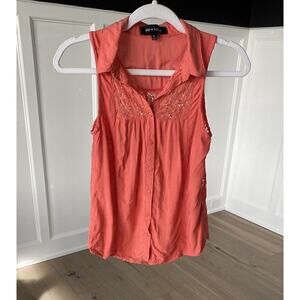 New Look Womens Coral Sleeveless Lace Back Button Up Collared Tank Top Sz Medium